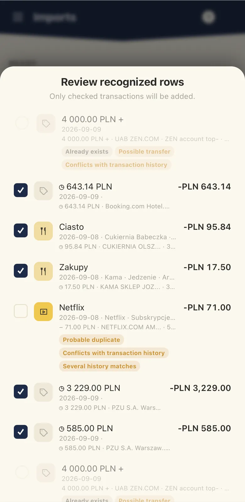 Enveo's import review: recognized transactions with the bank's own text under each row, duplicates flagged, envelopes assigned.